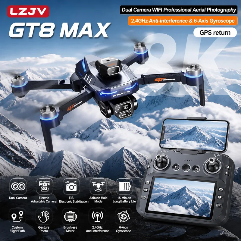 Drone Camera Lens - GT8 Max折りたたみ式ドローン 8K HDプロフェッショナル空中デュアルカメラスクリーンリモコン航空機 障害物回避ブラシ付きクアッドコプター